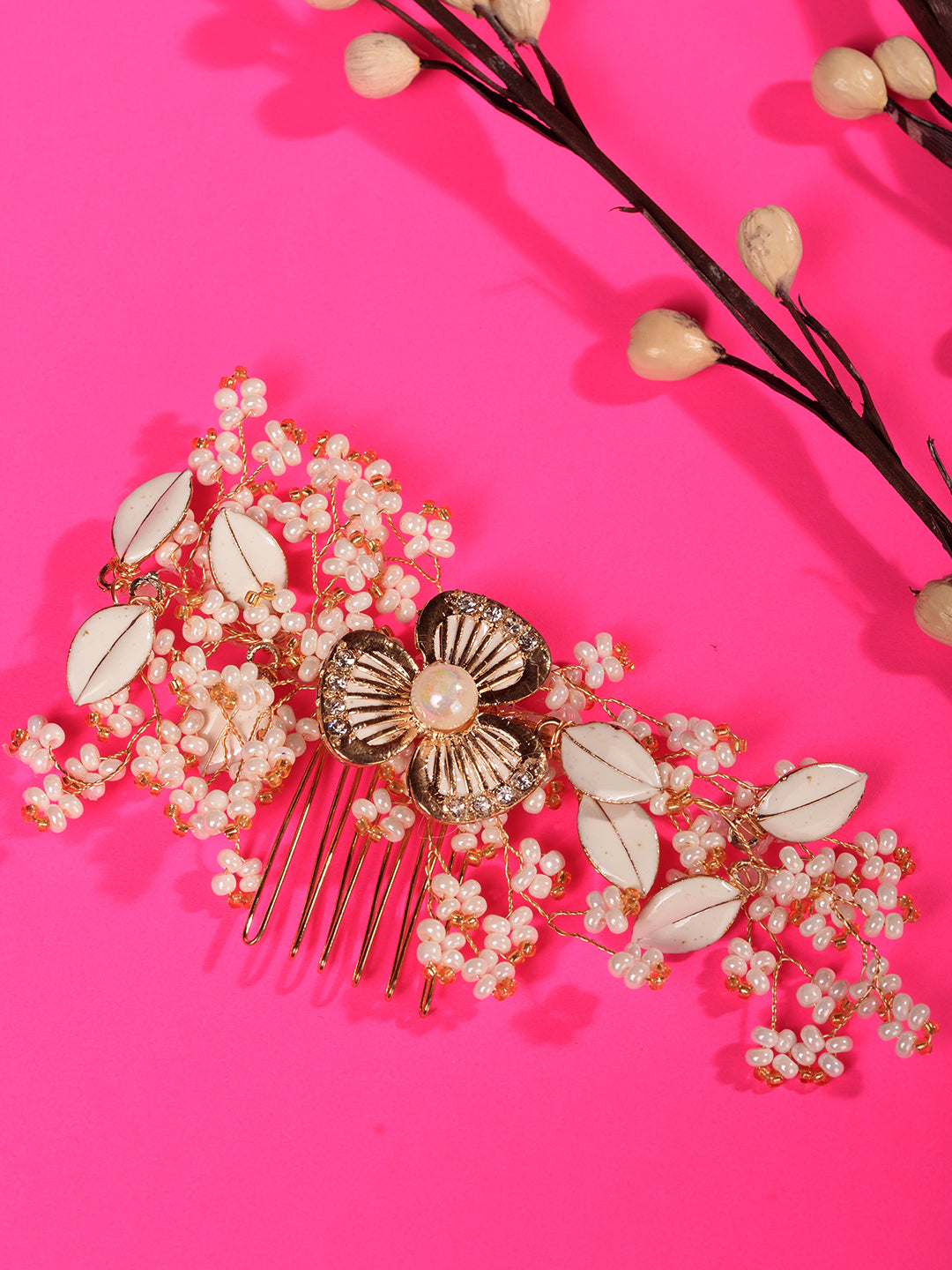 White & Gold Toned Enamelled Pearl Beaded Bridal Comb Pin, zaveri pearls, sale price rs, sale price, sale gold plated, sale gold, sale, rubans, ring, regular price, priyassi jewellery, kushal